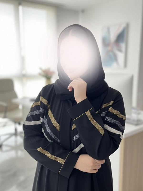 Luxury Hand-Embellished Formal Abaya with Gold & Silver Stoler Detailing